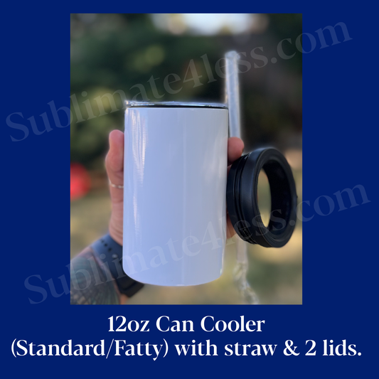 12oz Can Cooler (Standard/Fatty) with straw & 2 lids.